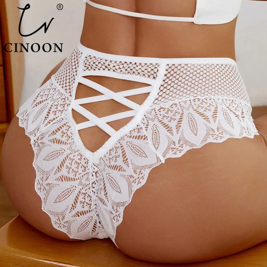 CINOON Sexy Mesh Women Lace Underwear Mid-Rise Briefs Hollow Out G String Underpant Solid Comfortable Female Breathable Lingerie