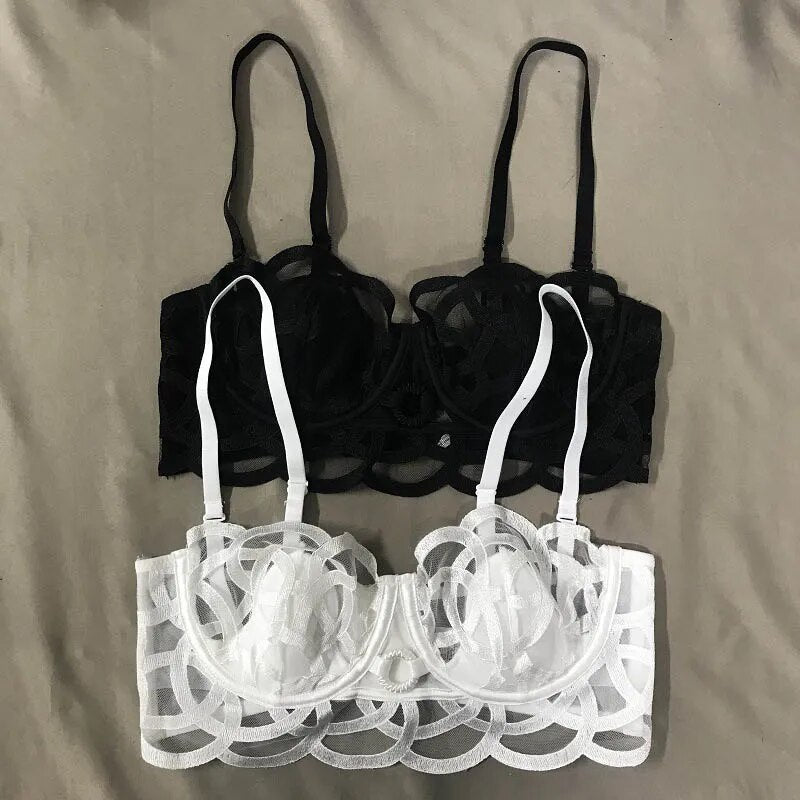 CINOON Sexy Embroidery Lingerie Women Thin Lace Transparent  Push up Bra Set Bra+Garters+Thong  3 Piece Set French Underwear Set