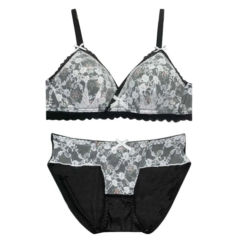 French Flower Lingerie Set Embroidery Mesh Lace Women's Bras Set Thin Triangular Cup Upper Hollow Out Push Up Bras Underwear Set