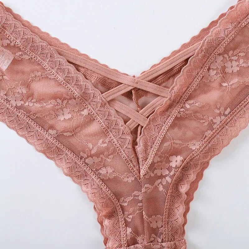 CINOON Sexy Panties Women Lace Embroidery Underwear Low-Waist G String Hollow Out Cross Belt Thong Comfortable Female Lingerie