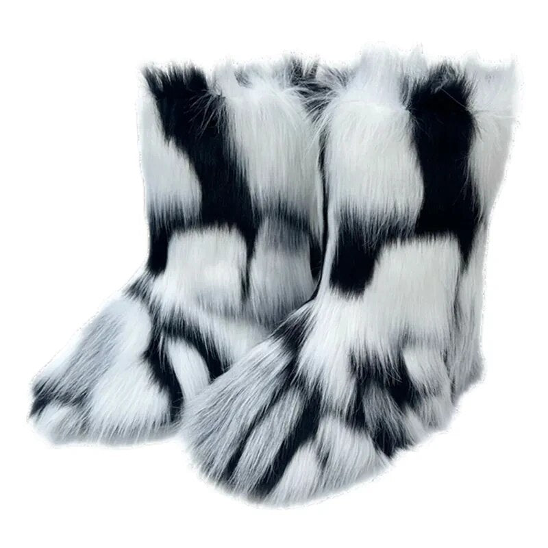 y2k Oversized Snow Boots Winter Faux Fur Plush Elegant Boots For Women Non-slip Rubber Flat zapatos Free Shipping Promotion