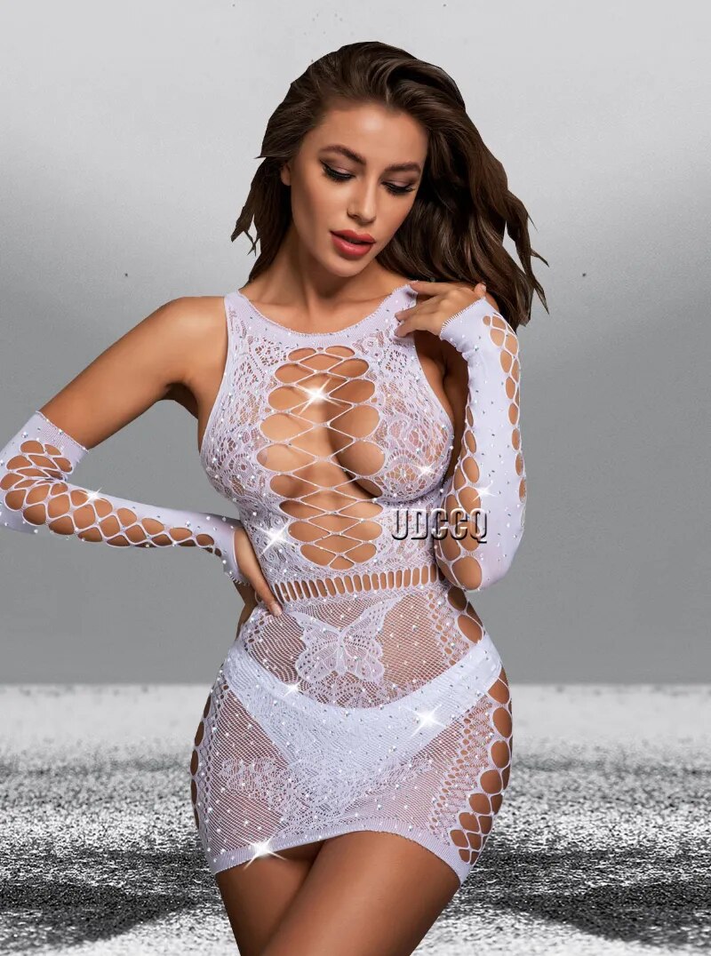 lingerie women sexy Babydoll mujer Underwear Catsui diamante glisten Crystal notte Intimo suit sexy dress for sex langerie+glove