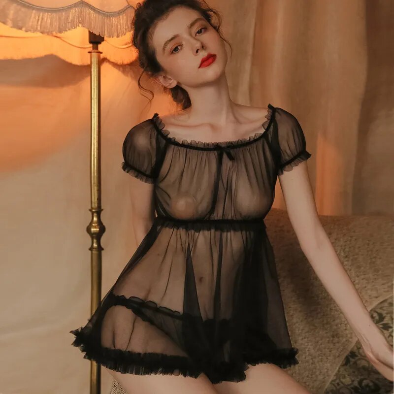 Sexy Pajamas Women's Summer Thin Transparent Tops Gauze Attractive Home Clothes Temptation Women Pajamas Set