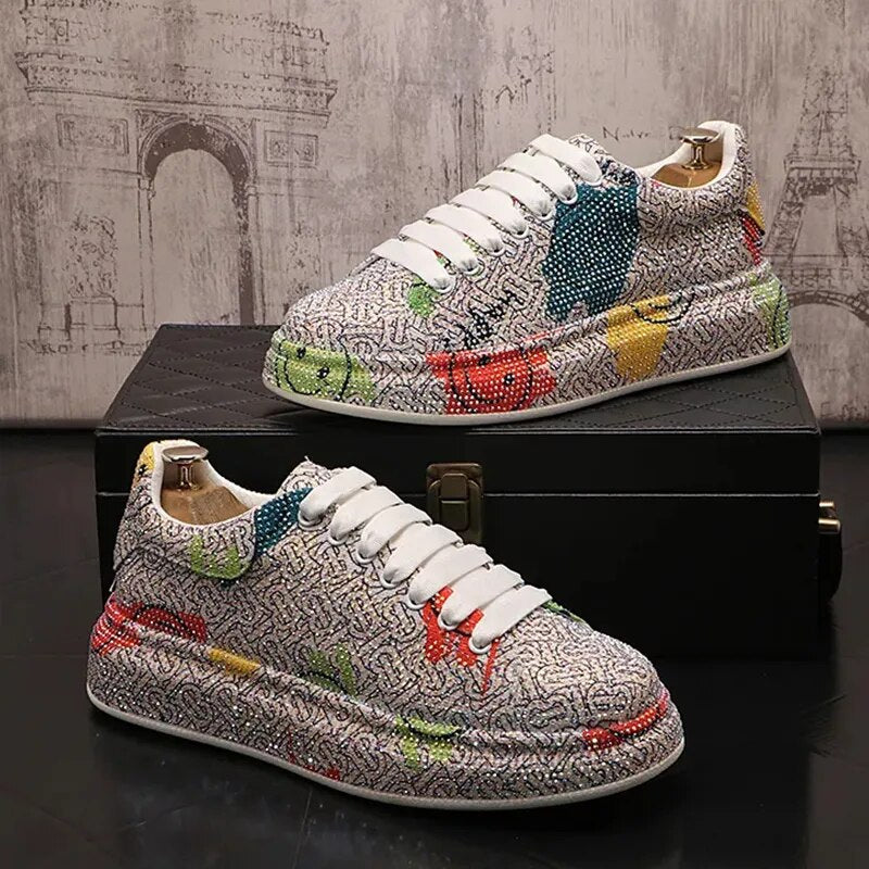 Warrior Luxury Brand Graffiti Rhinestone Women's Casual Sports Shoes Fashion Lace-up Flat Rubber Skateboard Sneakers Size 43