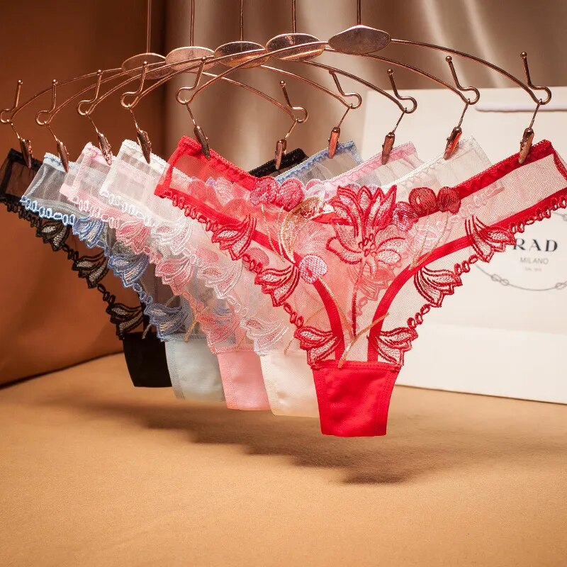 Sexy Embroidered Underwear Women T Panties Hollow Out Fashion Transparent Thin Elastic G-string Thongs Temptation Lingerie Sexy