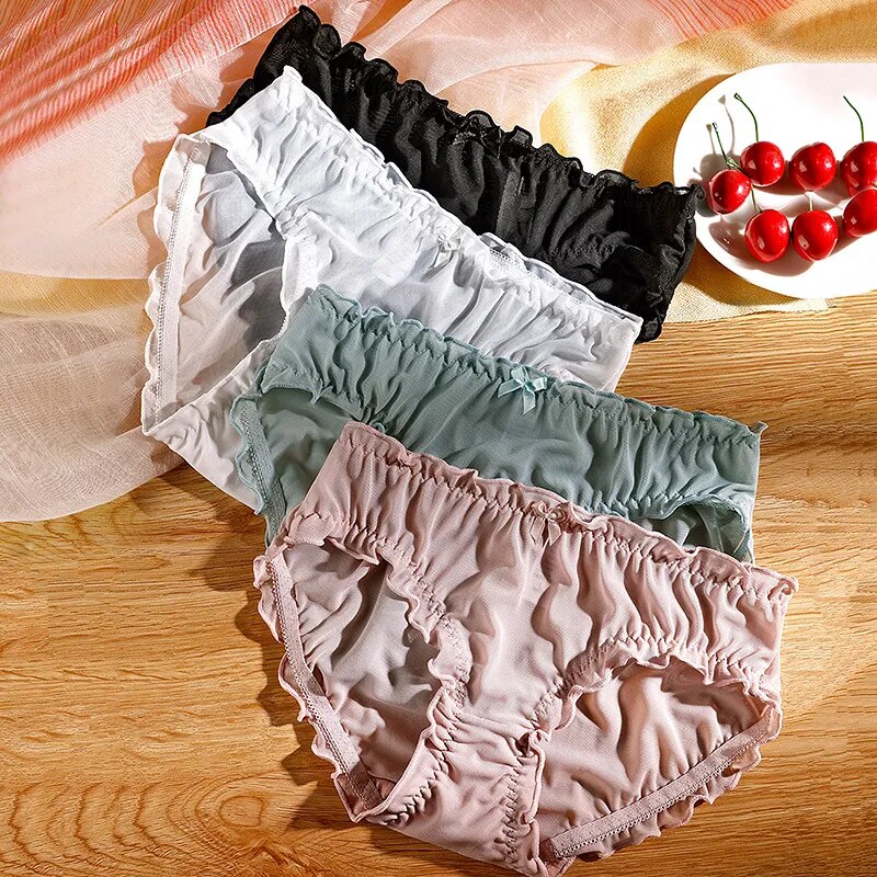 Sexy Lace Mesh Transparent Panties Lingerie for Women Lady Cute Bow Solid Low-Rise Women Underwear Seamless Briefs Women Panties