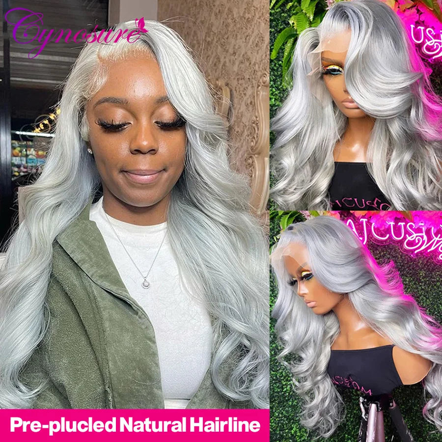 13x4 Sliver Grey Human Hair Wigs For Women Preplucked Body Wave Lace Front Wig Brazilian Hair HD Transparent Lace Frontal Wig