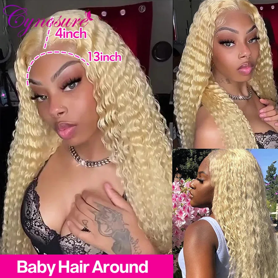 Cynosure 13X4 Deep Wave 613 Blonde Lace Front Human Hair Wigs Pre Plucked With Baby Hair For Women Remy Curly Lace Frontal Wig