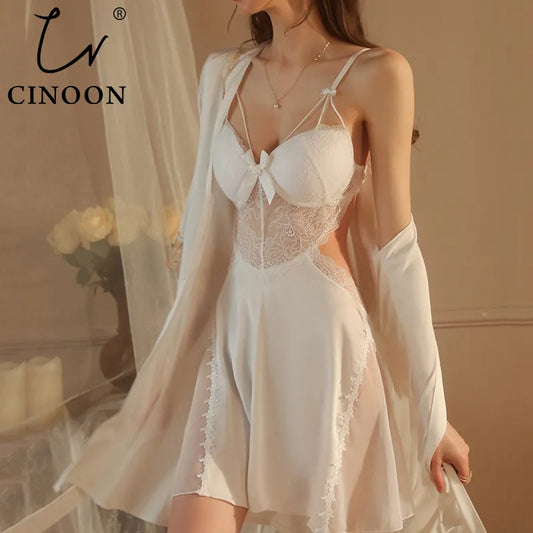 CINOON Lace Trim Sexy Wedding Lady Robe Suit Loose Satin Bride Bridesmaid Kimono Bathrobe Gown Sleepwear Rayon Intimate Lingerie