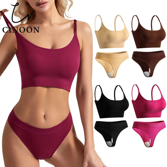 CINOON Women Seamless Bra Set Sexy Low Waist Panties Wire Free Bra Bralette Lingerie Brassiere Backless Female Underwear Set