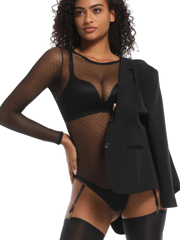 CINOON Long Sleeve Bodycon Bodysuit Women Lace Transparent Female Pullover Black Sexy Bodysuits Femme Pullover Casual Rompers