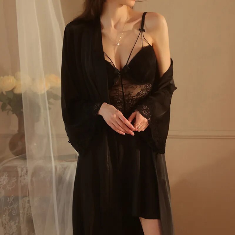 CINOON Lace Trim Sexy Wedding Lady Robe Suit Loose Satin Bride Bridesmaid Kimono Bathrobe Gown Sleepwear Rayon Intimate Lingerie