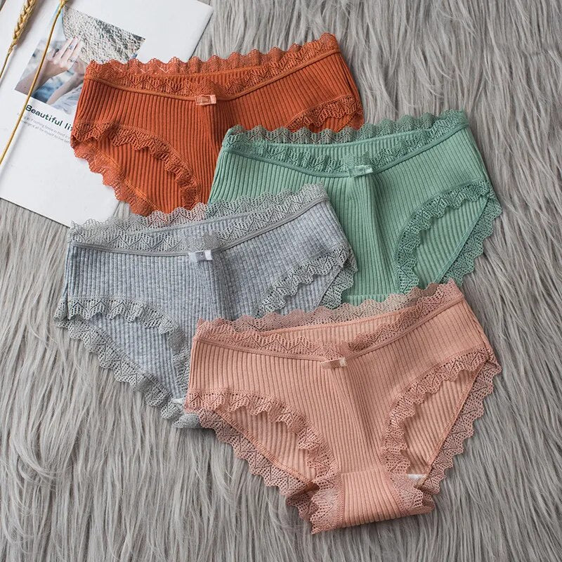 Women's Seamless Cotton Underwear Sexy Low Waist Lace Ruffle Briefs Solid Color Stretch Underpants Breathable Intimates Lingerie