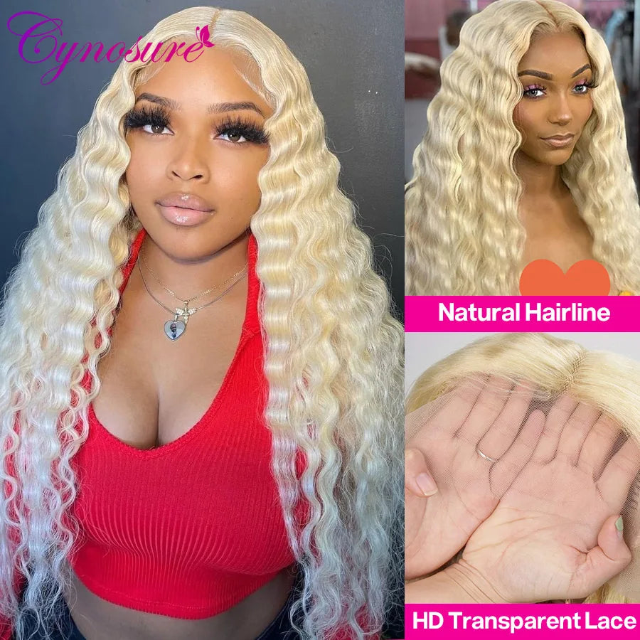 Cynosure 13X4 Deep Wave 613 Blonde Lace Front Human Hair Wigs Pre Plucked With Baby Hair For Women Remy Curly Lace Frontal Wig