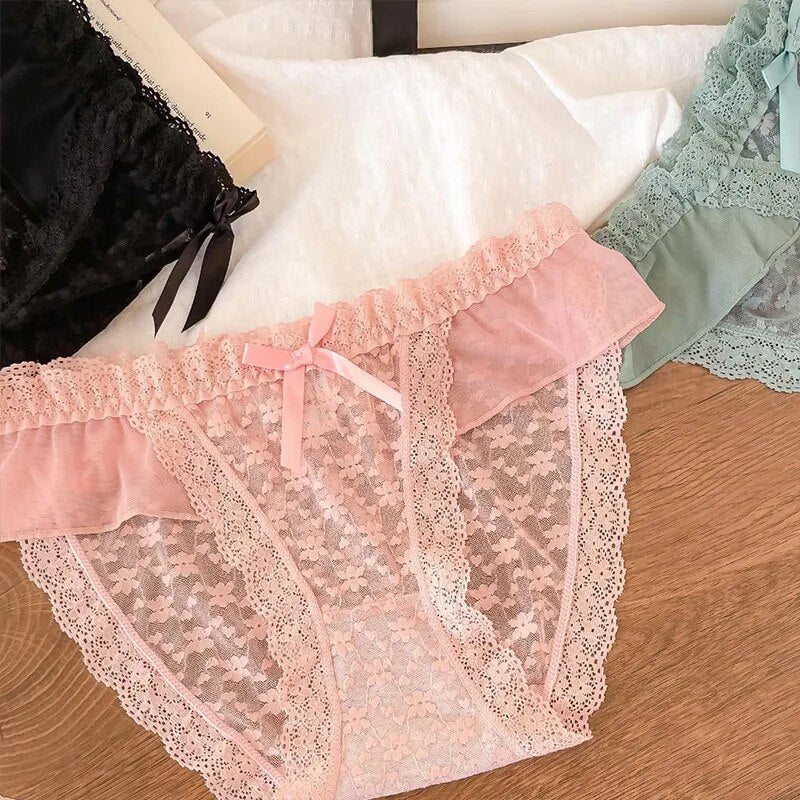 Women Floral Hollow Sexy Lace Panties Low Waist Briefs Sexy Lingerie Women Panties Pink Bow Underpants Female Underwear Intimate