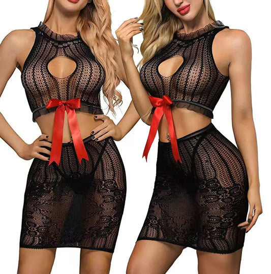 Sexy crochet plus size lingerie bow Babydoll Underwear tube top costumes Chemises suit Teddies Sleepwear hoot sexy dress+glove