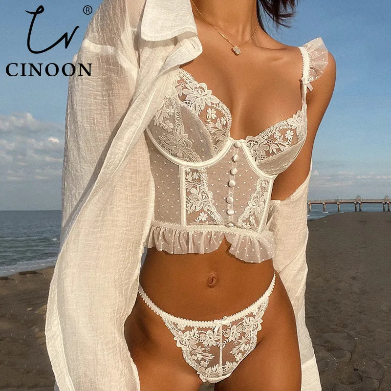 CINOON French Lingerie Sexy Women's Underwear Set Push Up Brassiere Lace Transparent Bra Panty Sets Wedding White Thin Underwear