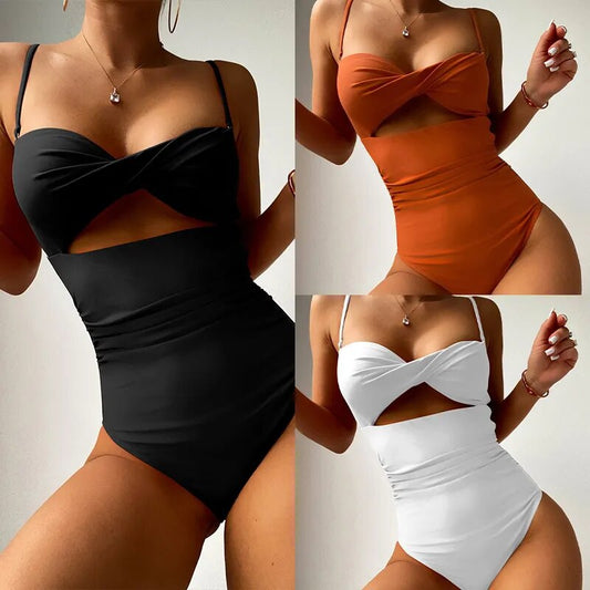 One-piece Bikini Swimsuit Women Sexy Summer Beach Dress Solid Color Print Hollowed Out Bikini Swimwear Women Bathing Suit Women