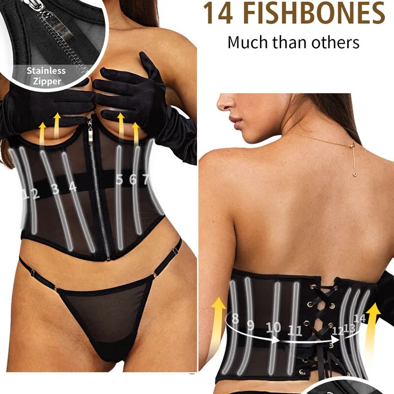 CINOON Black Body Shapewear Women Gothic Clothing Underbust Waist Cincher Trainer Lace Elastic Sexy Fishbone Corsets and Bustier