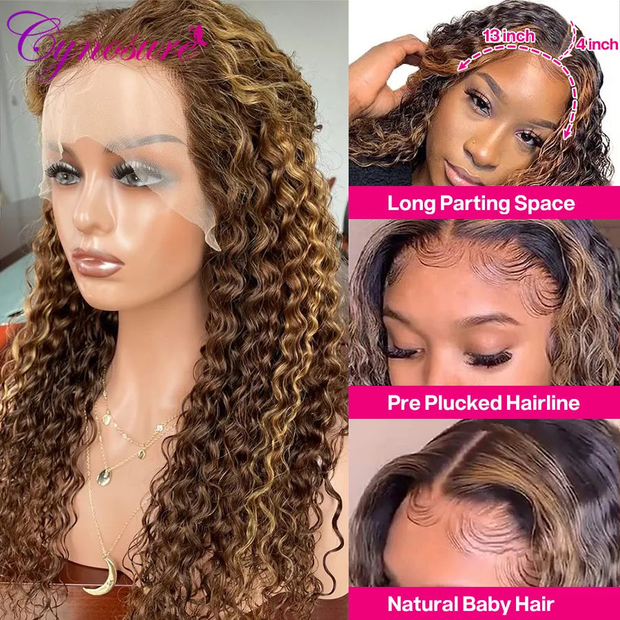 34inchTransparent Lace Front Human Hair Wigs Pre plucked 13x6 HD Lace Frontal Wig Highlight Brazilian Deep Wave Hair