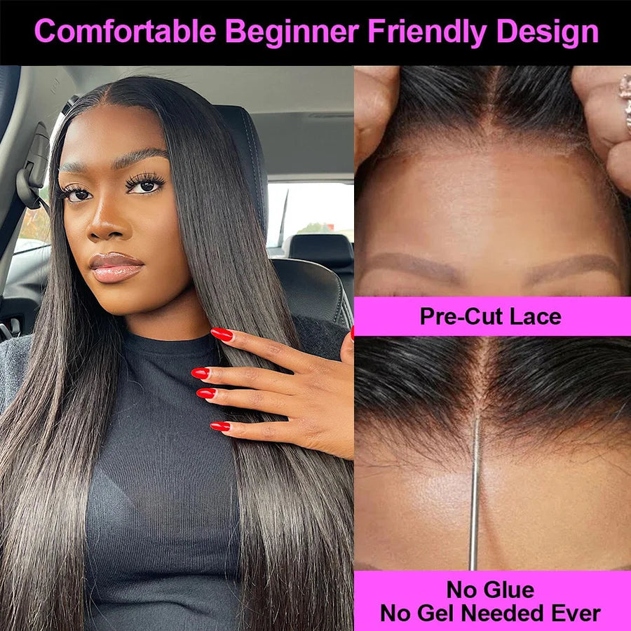 Cynosure Brazilian Straight Glueless Wig Human Hair Ready to Wear PreCut 4x4 HD Lace Closure Preplucked Human Hair Wig for Women