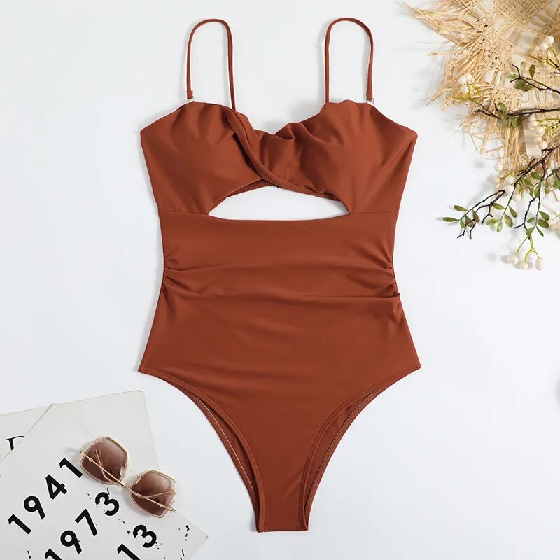 One-piece Bikini Swimsuit Women Sexy Summer Beach Dress Solid Color Print Hollowed Out Bikini Swimwear Women Bathing Suit Women