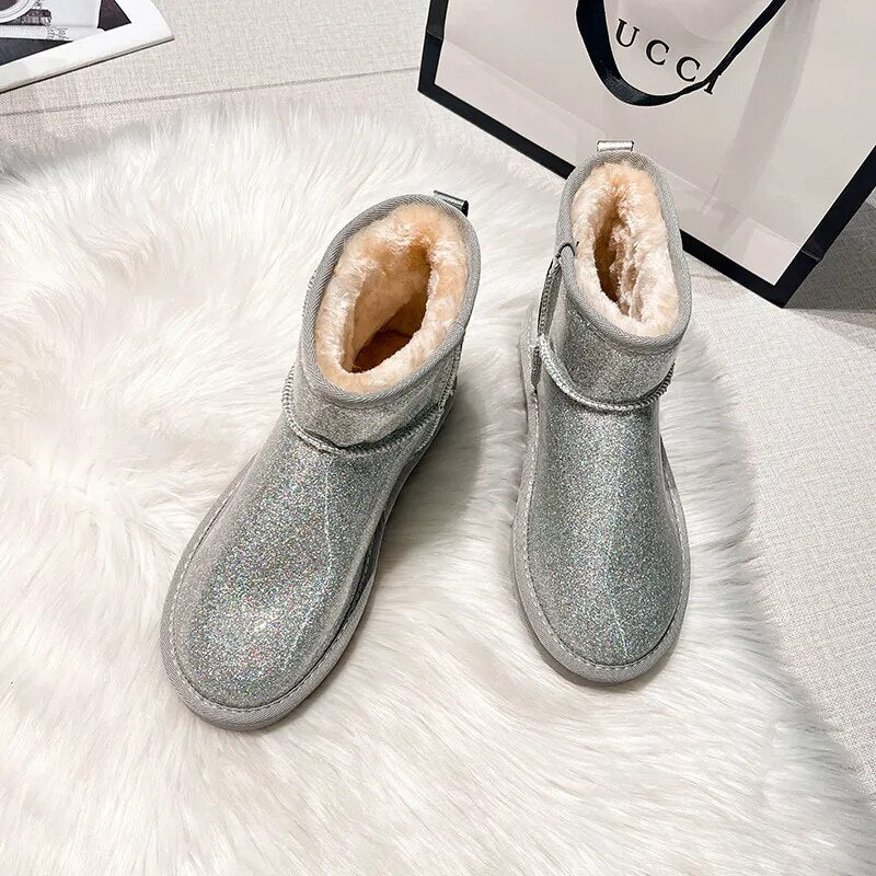 Thick Soled Home Indoor Outdoor Girls Women's Snow Boots Keep Warm In Winter Fluffy High Heel Fur Soft Cotton Shoes Wool Shoes