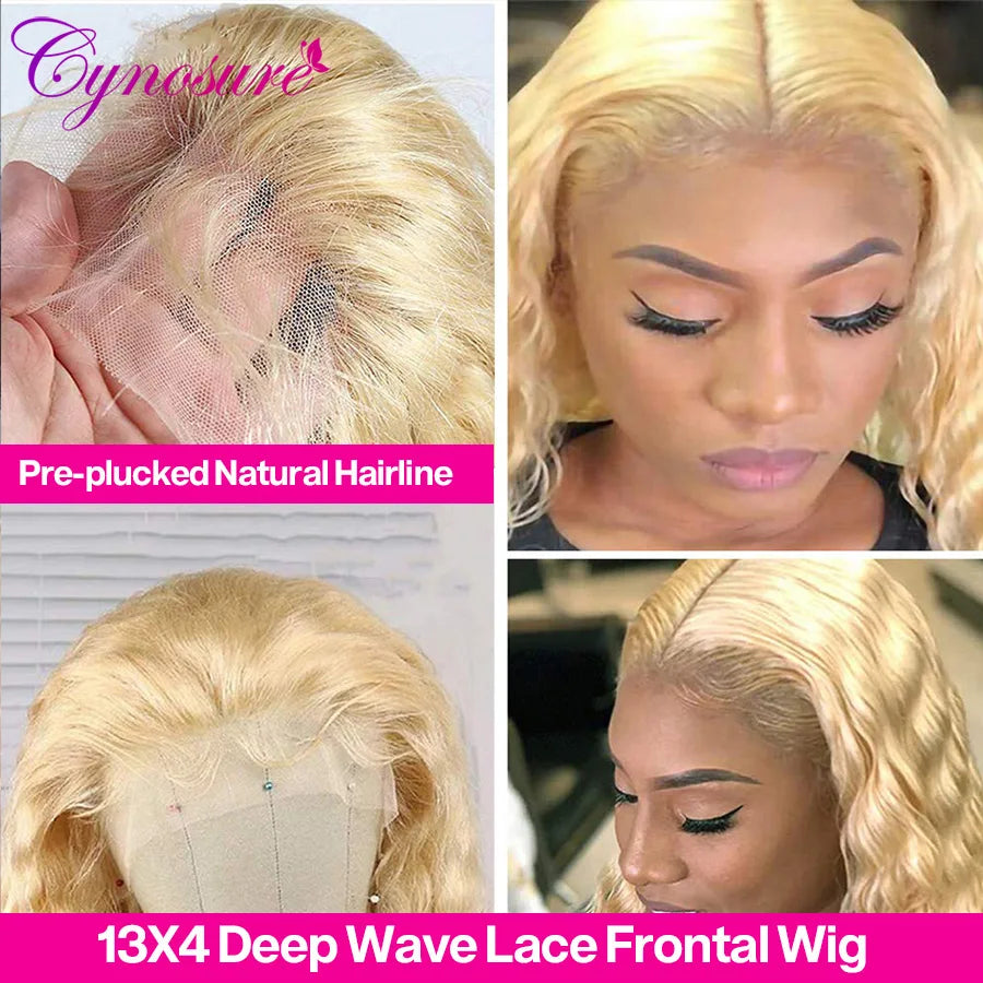 Cynosure 13X4 Deep Wave 613 Blonde Lace Front Human Hair Wigs Pre Plucked With Baby Hair For Women Remy Curly Lace Frontal Wig