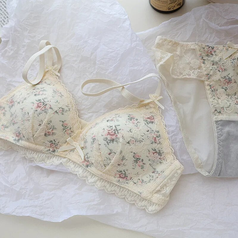 French Flower Lingerie Set Embroidery Mesh Lace Women's Bras Set Thin Triangular Cup Upper Hollow Out Push Up Bras Underwear Set