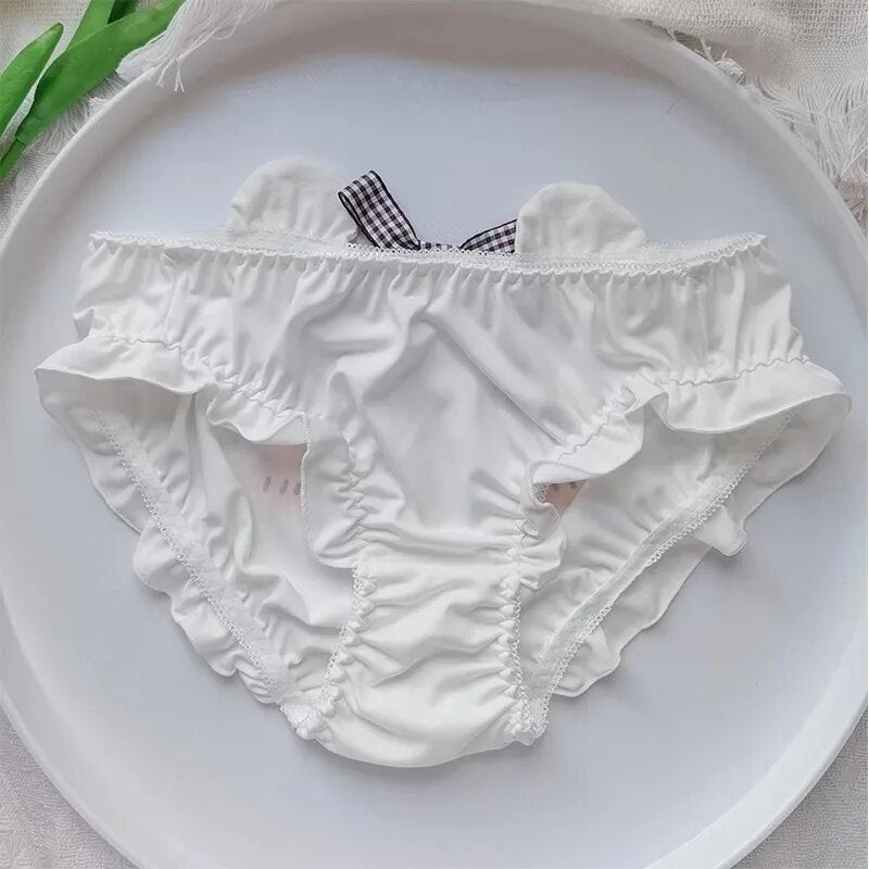 Lolita Cute Panties Women Ice Silk Kawaii Animal Cartoon Bear Ruffles Ear Bow Panties Brief Women Underwear Female Sexy Lingerie