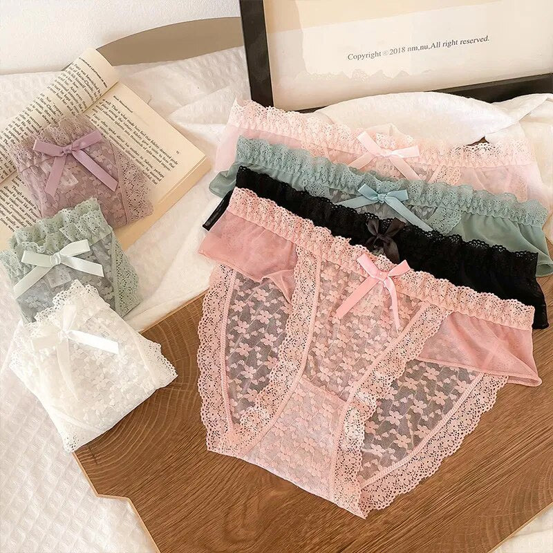 Women Floral Hollow Sexy Lace Panties Low Waist Briefs Sexy Lingerie Women Panties Pink Bow Underpants Female Underwear Intimate