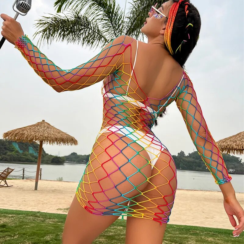 Y2k Rainbow Fishnet Night Dress Summer Hot Bodycon Dress Sexy Erotic Transparent Midi Dress Women Porno Dresses For Women 2022