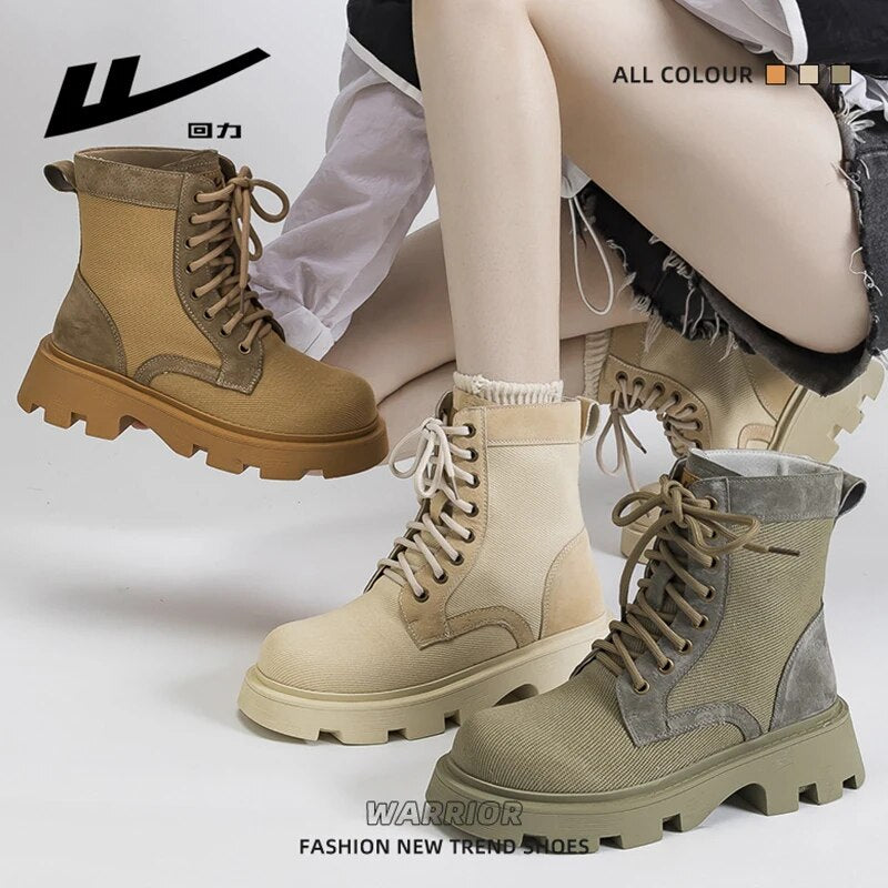 Warrior Booties For Women 2023 Autumn Winter New Round Toe Heels Platform Fashion Short Boots Female Grid Line Lace Casual Shoes