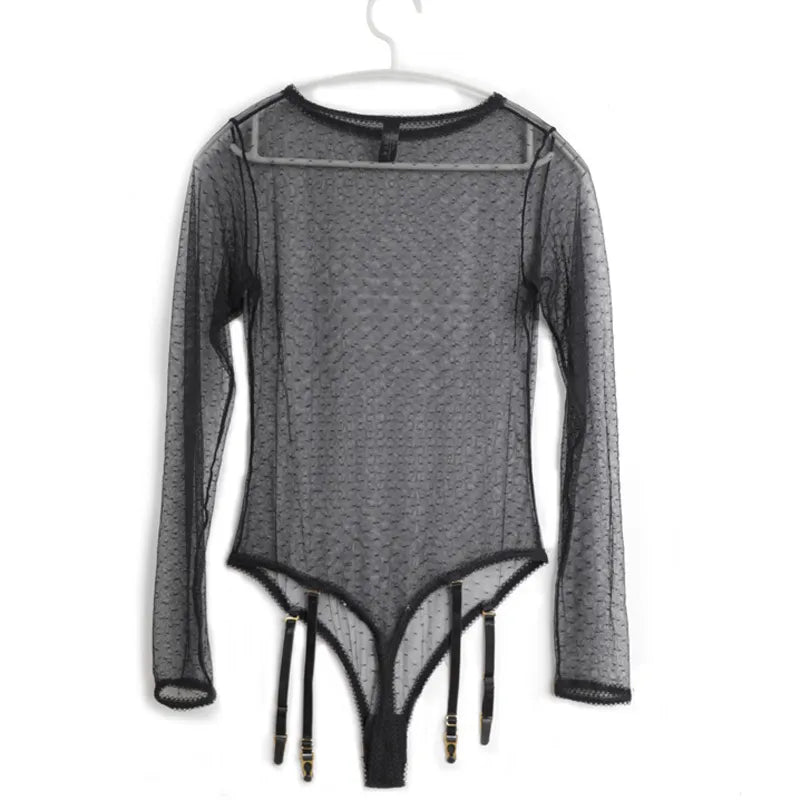 CINOON Long Sleeve Bodycon Bodysuit Women Lace Transparent Female Pullover Black Sexy Bodysuits Femme Pullover Casual Rompers