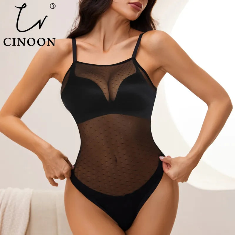 CINOON Suspenders Bodycon Bodysuit Women Lace Transparent Female Pullover Black Sexy Bodysuits Femme Pullover Casual Rompers