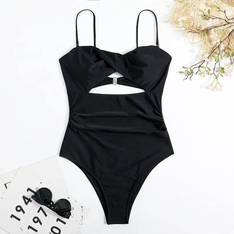 One-piece Bikini Swimsuit Women Sexy Summer Beach Dress Solid Color Print Hollowed Out Bikini Swimwear Women Bathing Suit Women