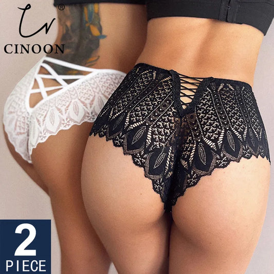 CINOON 2PCS/Set New Panties Women Lace Underwear Sexy Low-Waist Briefs Hollow Out G String Underpant Embroidery Female Lingerie