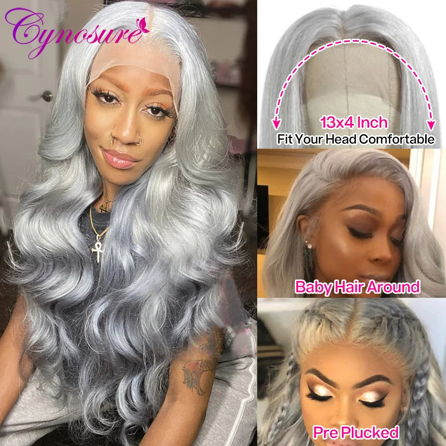 13x4 Sliver Grey Human Hair Wigs For Women Preplucked Body Wave Lace Front Wig Brazilian Hair HD Transparent Lace Frontal Wig