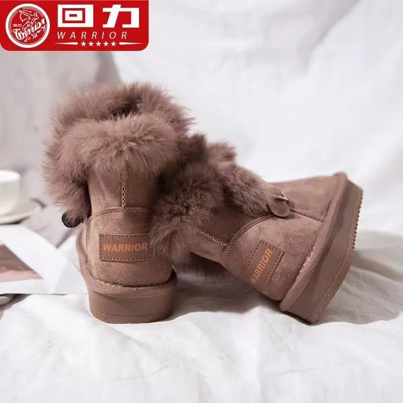 Warrior Womens Snow Booted Winter Keeep Warm Plush Non-slip Outdoors Cotton Shoes Suede Fluffy Fur Women Boots High-quality