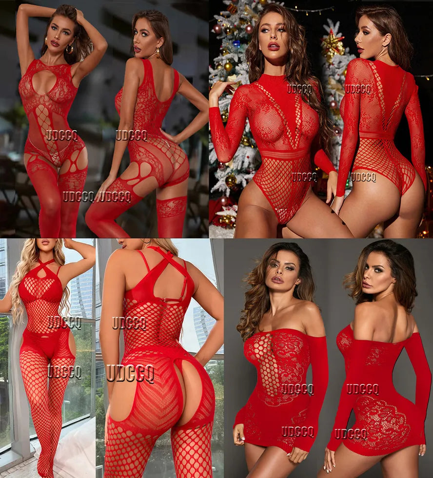 HOT Sexy crochet Fishnet Bodystockings Lingerie Babydoll Underwear tassels Chemises Cosplay Teddies Bodysuits sexy dress red