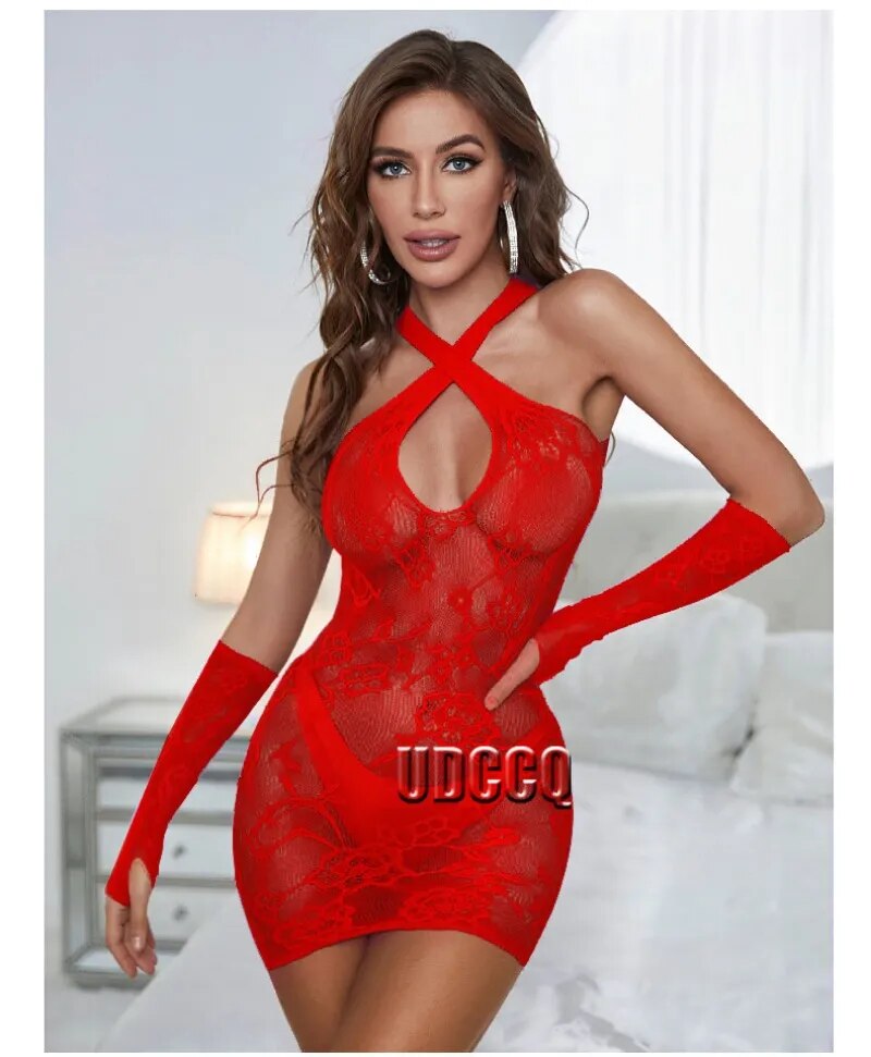 HOT Sexy crochet plus size lingerie Babydoll Underwear tube top costumes Chemises Teddies Sleepwear hoot sexy dress+glove