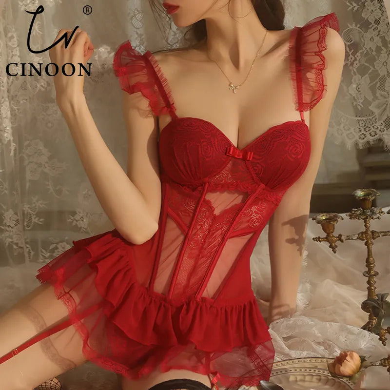 CINOON Sexy Corset Lingerie Bustier Women Strappy Bodysuit Lace Perspective Shaper Gather Bra Slimming Breathable Underwear