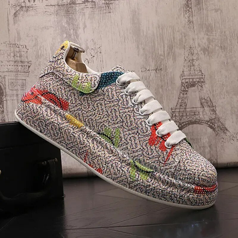 Warrior Luxury Brand Graffiti Rhinestone Women's Casual Sports Shoes Fashion Lace-up Flat Rubber Skateboard Sneakers Size 43