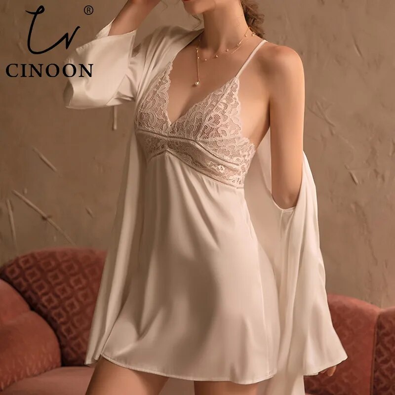 CINOON 3 Pieces Women Pajamas Sets Faux Silk Pajamas Sleepwear Sets Embroidery Lace Bath Gown Wedding Night Dress Robe With Belt