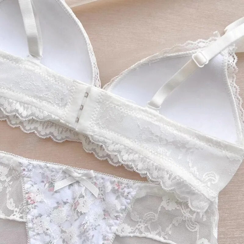 French Flower Lingerie Set Embroidery Mesh Lace Women's Bras Set Thin Triangular Cup Upper Hollow Out Push Up Bras Underwear Set