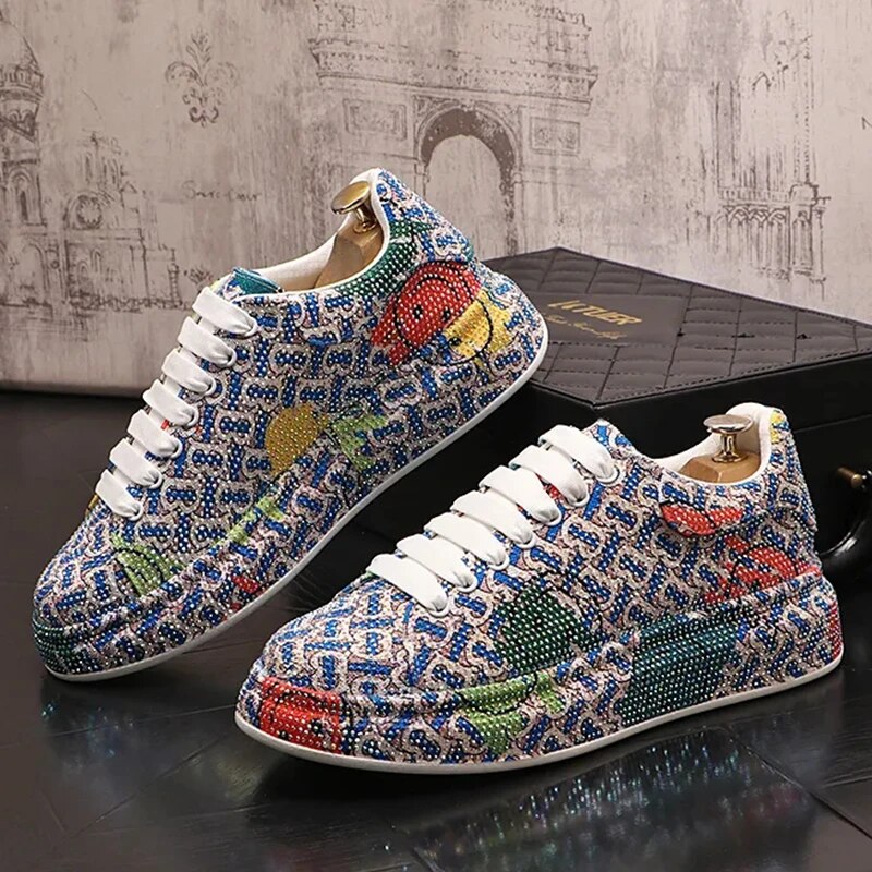 Warrior Luxury Brand Graffiti Rhinestone Women's Casual Sports Shoes Fashion Lace-up Flat Rubber Skateboard Sneakers Size 43