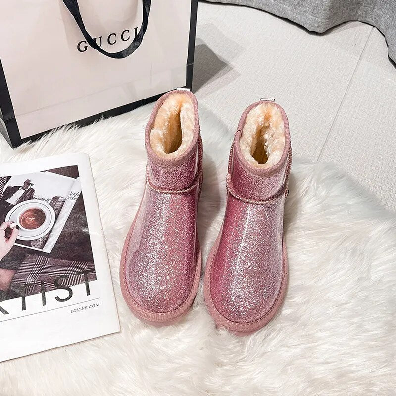 Thick Soled Home Indoor Outdoor Girls Women's Snow Boots Keep Warm In Winter Fluffy High Heel Fur Soft Cotton Shoes Wool Shoes