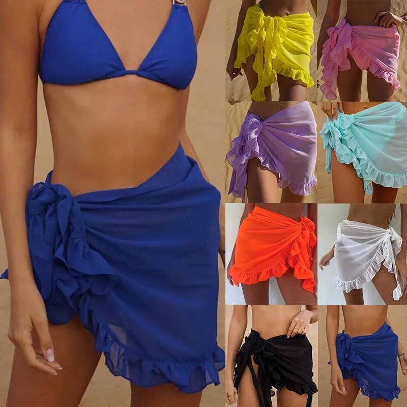 Summer Mesh Mini Ruffle Skirts Women Cover Up Tassel Dress Bikini Solid Bathing Skirt Women Beach Swimwear Scarf Beachwear Wrap