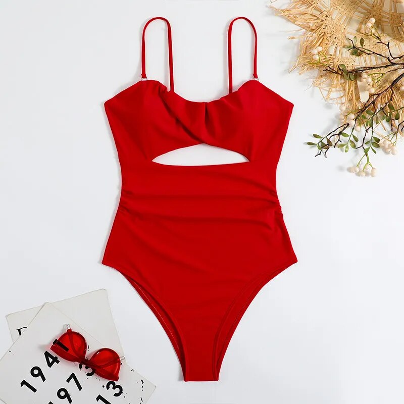 One-piece Bikini Swimsuit Women Sexy Summer Beach Dress Solid Color Print Hollowed Out Bikini Swimwear Women Bathing Suit Women