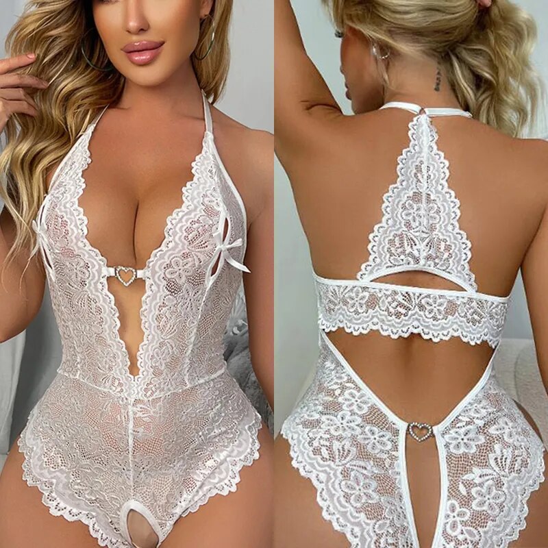 New Crotchless Red Sexy Lingerie Women Lace Hollow Bodysuit Erotic Costumes Teddy Baby Doll Dress Deep V Open Bra Porn Underwear